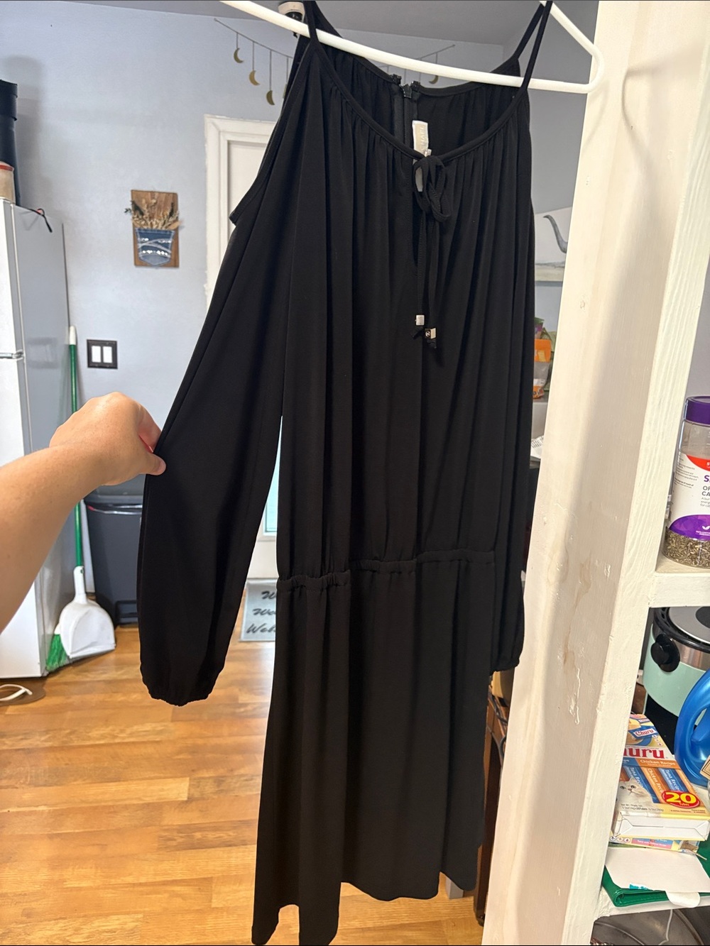 Michael Kors Black Cold-Shoulder Long Sleeve Midi Dress with Tie Neck